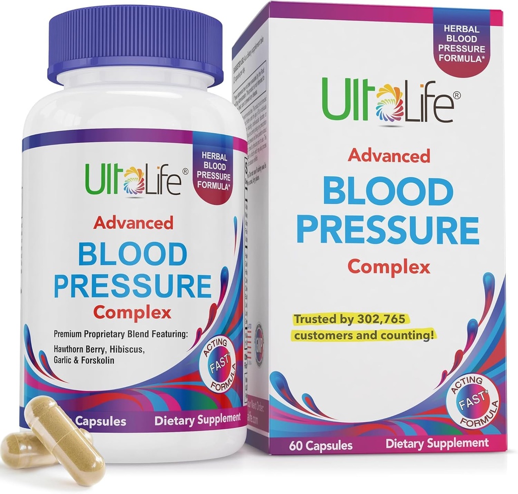 ULTALIFE Blood Pressure Supplement - Advanced Blood Pressure Supplement Complex - Hawthorn Berry, Hibiscus, Σκόρδο, Φορσκολίνη - 14 Βιταμίνες & Βότανα, 30 ημέρες προσφοράς σε κάψουλες Veggie