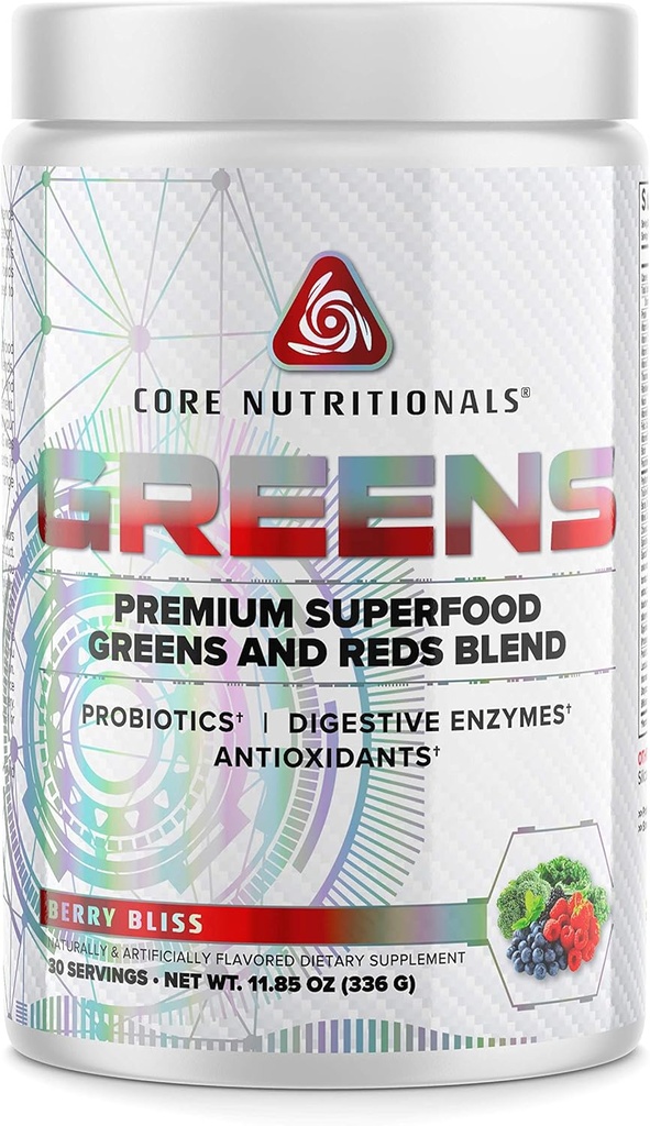 Core Nutritionals Greens | Premium Superfood Reds & Greens Blend | 5 Billion CFU Probiotics, Digestive Enzymes, & Antioxidants | 30 Servings (Berry Bliss)