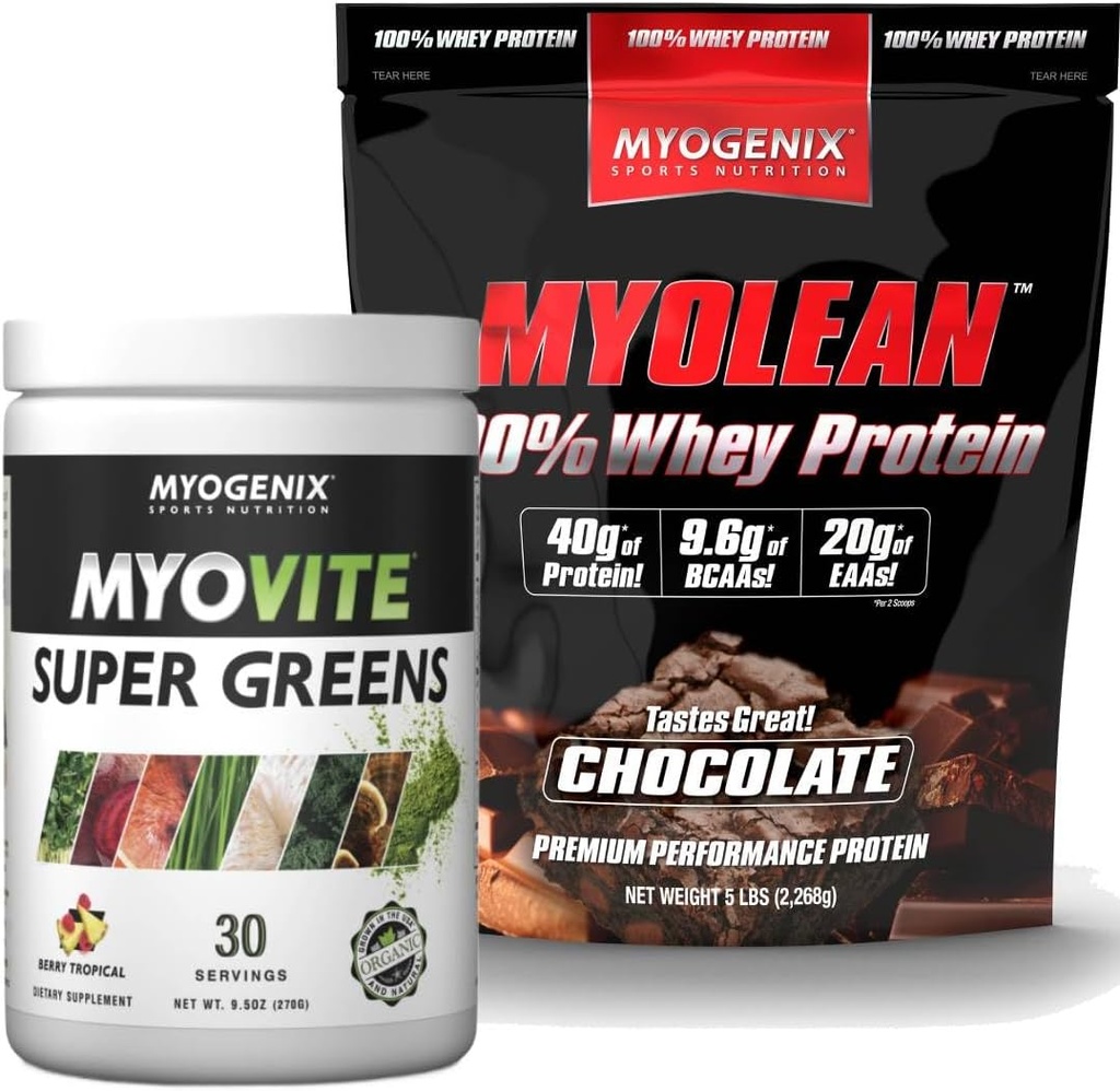 Myogenix Myovite Supergreens Σκόνη & Myolean Chocolate Whey Protein Bundle – Digestion, Immunity & 40g High-Protein Whey – Υποστηρίξτε την υγεία των ούλων, την ανάπτυξη των μυών και την αποκατάσταση
