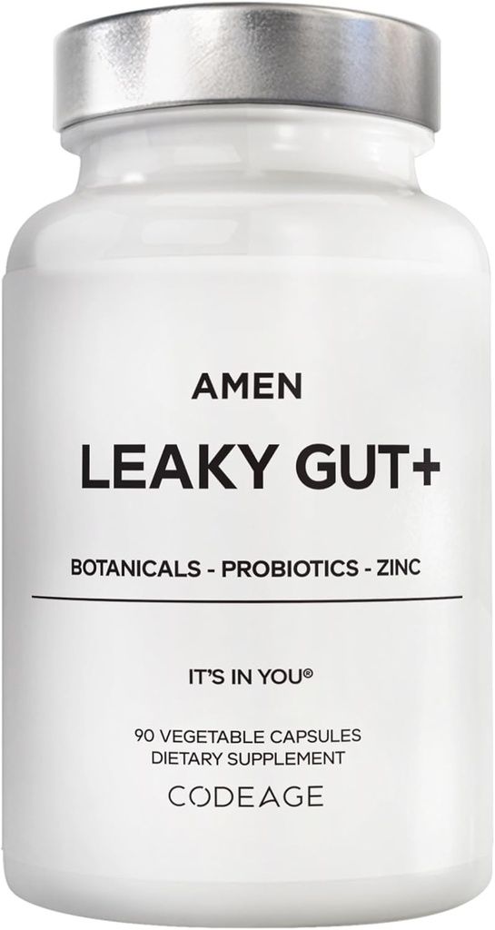 Amen Leaky Gut Supplement - Προηγμένη Φόρμουλα με Βιοδιαθέσιμη L Γλουταμίνη, Ψευδάργυρος, Κουρκουμάς, DGL Licorice Root - Marshmallow Root - Προβιοτικά & Ζυμωμένα Πρεβιοτικά - Vegan, Μη ΓΤΟ - 90 Κάψουλες
