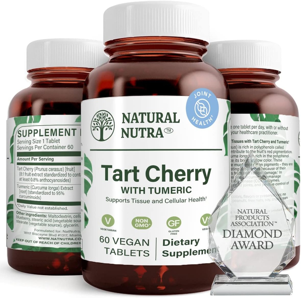Natural Nutra Tart Cherry Extract with Turmeric Curcumin, Βοηθά στη μείωση της μυϊκής λύπης, υποστηρίζει το ανοσοποιητικό σύστημα, προωθεί την κοινή υγεία, βελτιώνει την ποιότητα του ύπνου, Vegan, χορτοφάγους, χωρίς γλουτένη, 60 δισκία