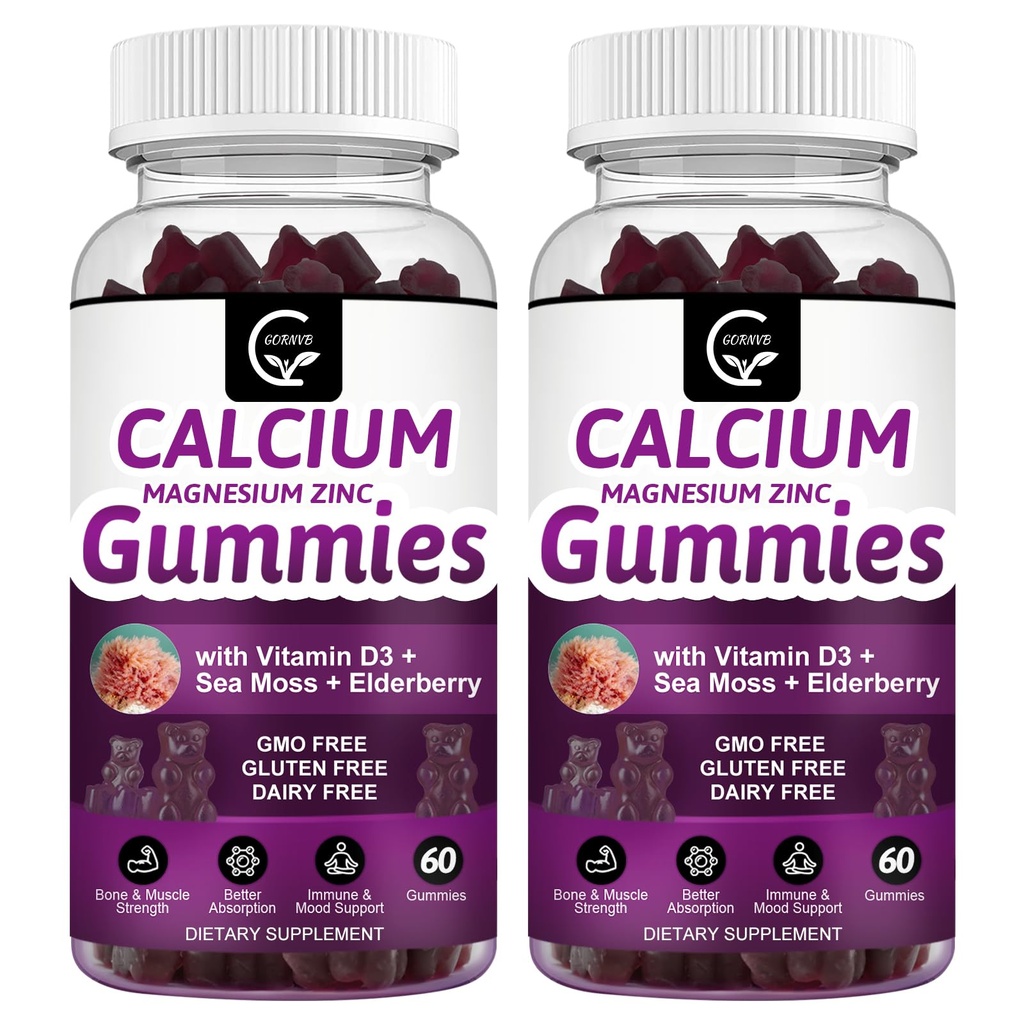 Ασβέστιο Μαγνήσιο Ψευδάργυρος Gummies με Υψηλή Απορρόφηση Μαγνήσιο Γλυκινικό Κάλιο - Σύμπλεγμα φυτών Μαγνήσιο 2:1 αναλογία, με D3 Θαλασσινό Μος για Οστά, Μύες, Ανοσοποιητικό & Υποστήριξη Ύπνου, Vegan-2 Συσκευασία
