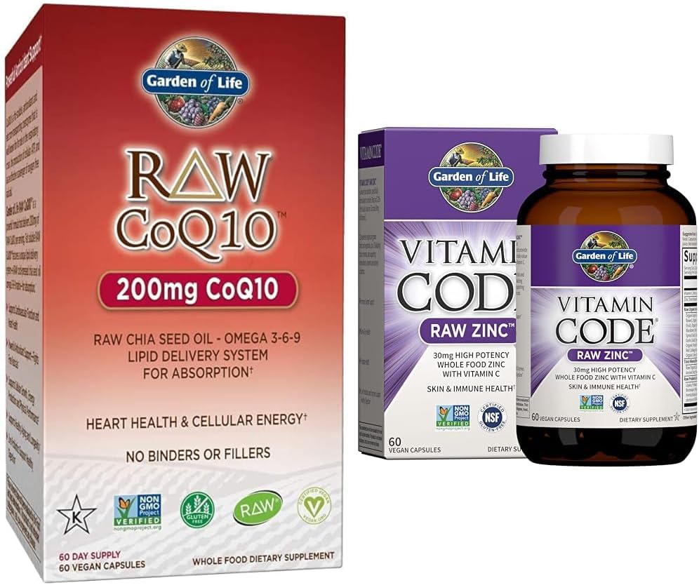 Garden of Life Vegetarian Omega 3 6 9 Supplement - Raw CoQ10 Chia Seed Oil Whole Food Nutrition & Zinc Supplements 30mg High Potency Raw Zinc and Vitamin C Multimineral Supplement