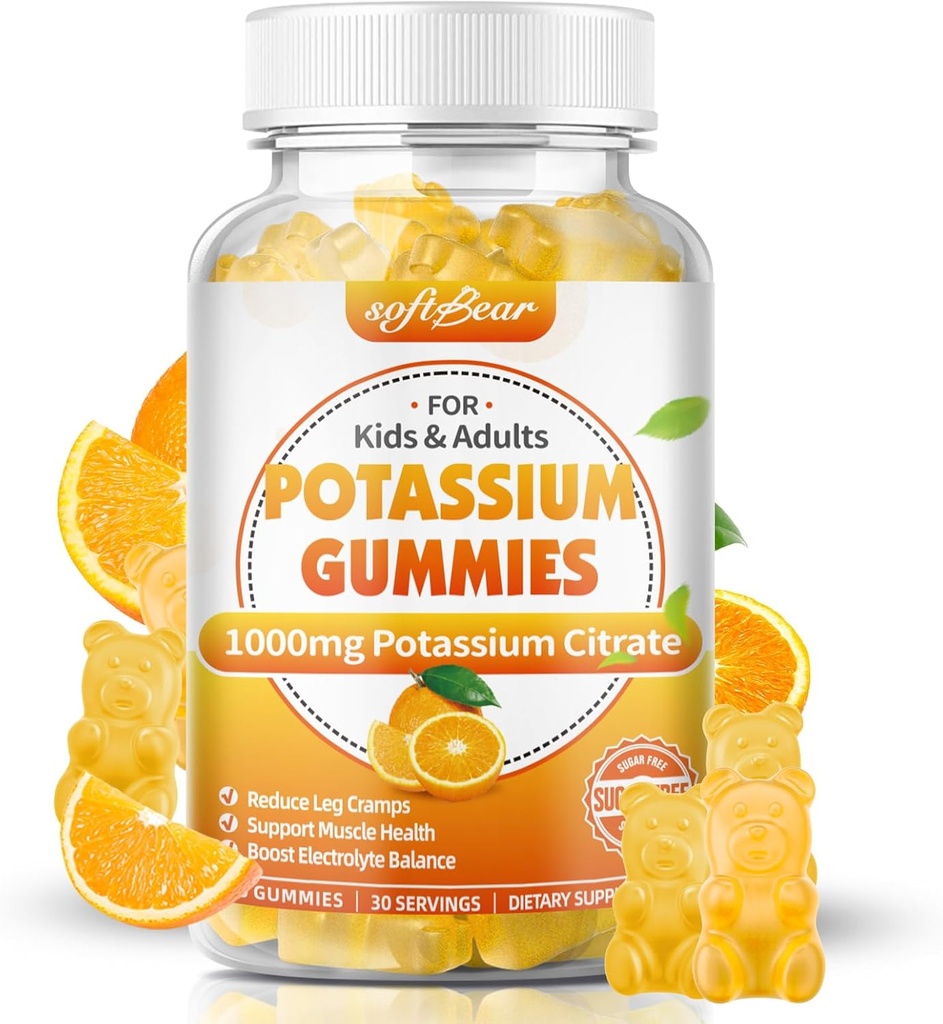 softbear Κάλιο Citrate 1000mg, Ζάχαρη Χωρίς Κάλιο Gummies για ενήλικες Υποστήριξη Πόδι Cramps & Μύες Υγεία Υψηλή ισχύς Συμπληρώματα καλίου Gummies Πορτοκαλί Γεύση 60 Count