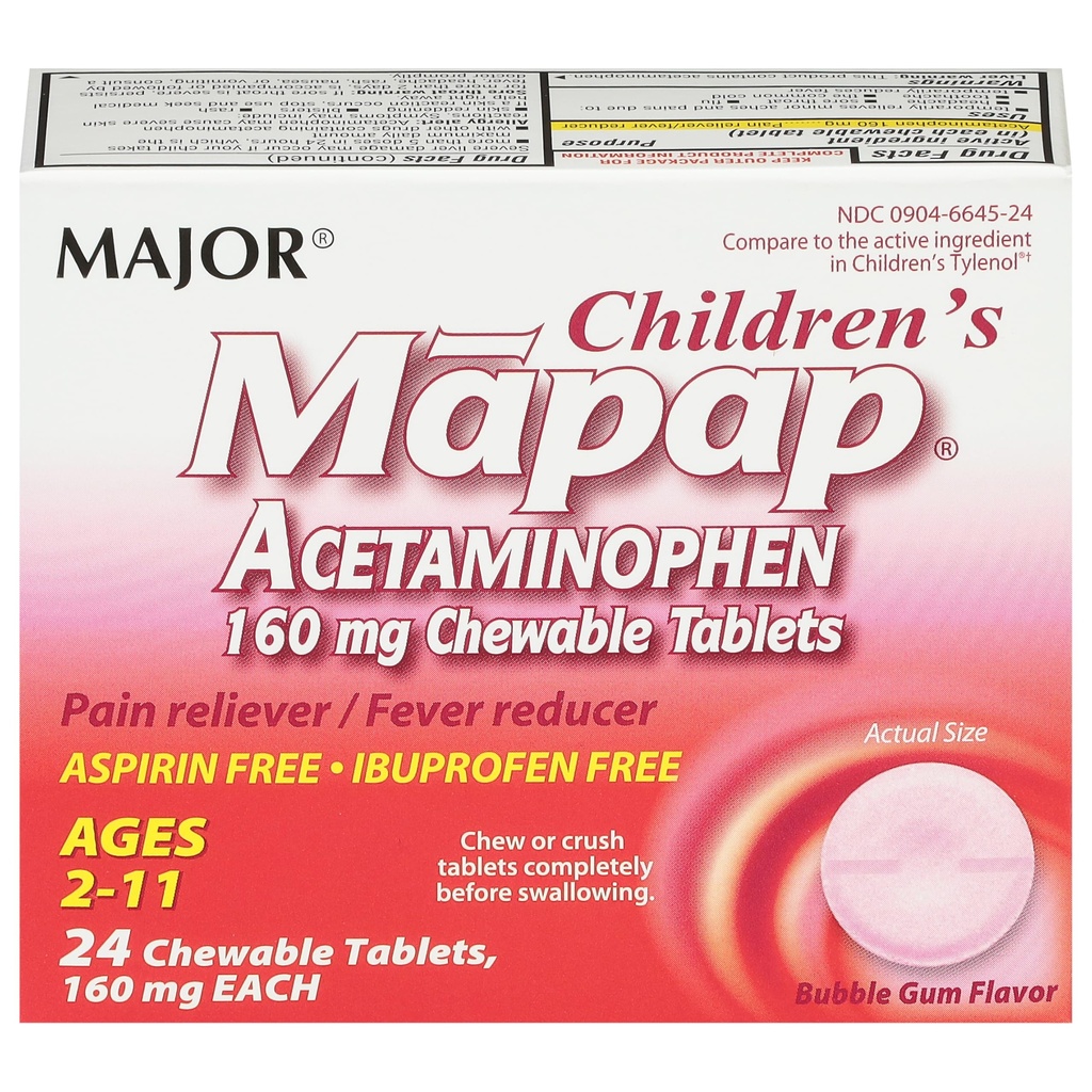 MAJOR Children’s Mapap Acetaminophen 160 mg μασώμενα δισκία - Πόνος Reliever/Fever Reducer - Aspirin Free - Ibuprofen Free - για ηλικίες 2 έως 11- 24 Count (1 Pack)