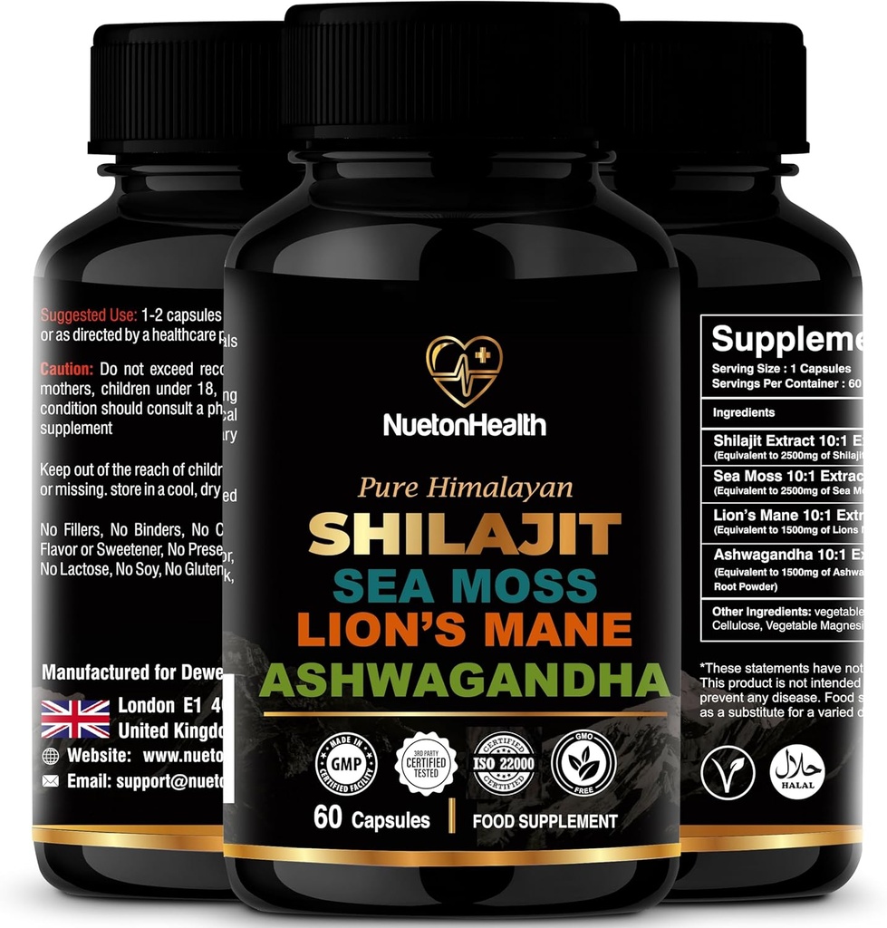 Shilajit, Sea Moss, Lion's Mane, και Ashwagandha κάψουλες - Πλήρης All-in-One συμπλήρωμα ευεξίας για το μυαλό, το σώμα, και τη ζωτικότητα - 60 Vegan κάψουλες