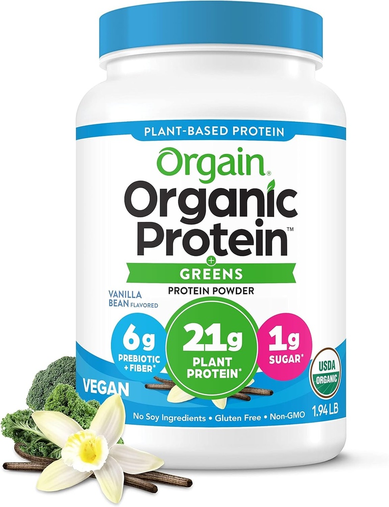 Orgain Organic Vegan Protein Powder + Greens, Vanilla Bean - 21g Πρωτεΐνη με βάση το φυτό, Χωρίς γλουτένη, Χωρίς γαλακτοκομικά, Χωρίς λακτόζη, Χωρίς σόγια, Χωρίς ζάχαρη Προστέθηκε, Με σίδηρο & Πρεβιοτικά για την υγεία των ούρων - 1.94lb
