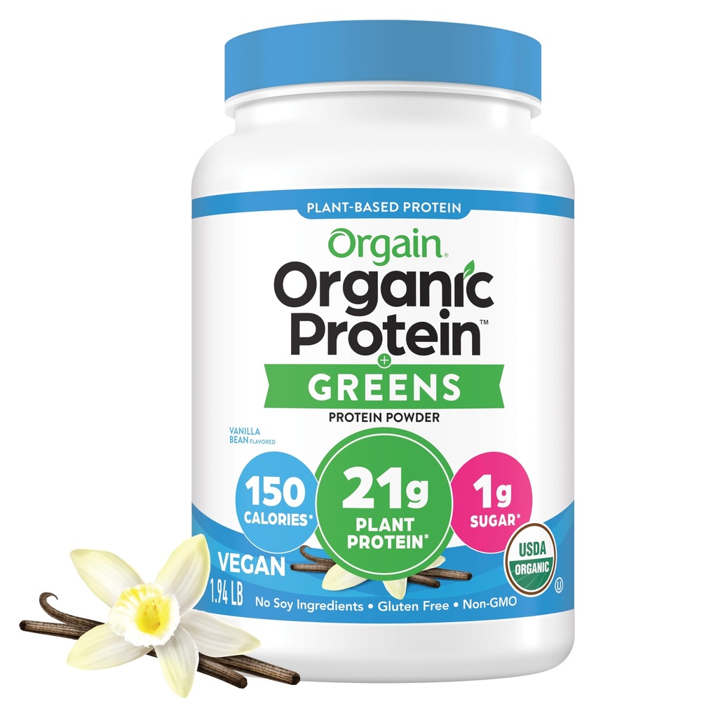 Orgain Organic Vegan Protein Powder + Greens, Vanilla Bean - 21g Πρωτεΐνη με βάση το φυτό, Χωρίς γλουτένη, Χωρίς γαλακτοκομικά, Χωρίς λακτόζη, Χωρίς σόγια, Χωρίς ζάχαρη Προστέθηκε, Με σίδηρο & Πρεβιοτικά για την υγεία των ούρων - 1.94lb