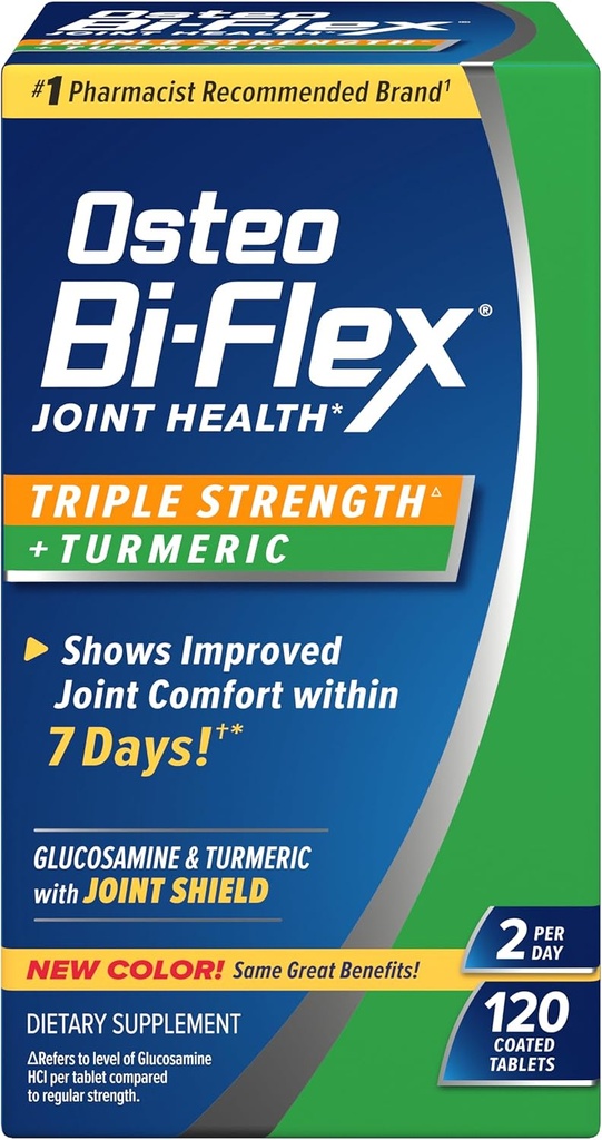 Osteo Bi-Flex Glucosamine Triple Strength Plus Turmeric Supplement with Curcumin for Joint Support and Range of Motion, 60 Day Supply, 120 Coated Tablets, Joint Health Nutritional Supplements