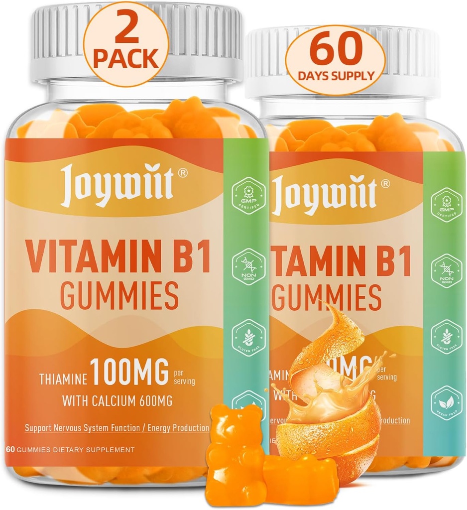 Βιταμίνη B1 Gummies 100mg για ενήλικες & παιδιά, Θιαμίνη B1 συμπλήρωμα με 600mg Ασβέστιο, το νευρικό σύστημα υποστηρίζει & ενισχύει την ενέργεια, Πορτοκαλί Γεύση, μη ΓΤΟ, Vegan, 120 Μασώμενα Gummies