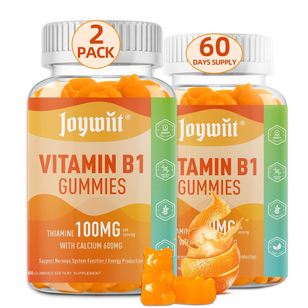 Βιταμίνη B1 Gummies 100mg για ενήλικες & παιδιά, Θιαμίνη B1 συμπλήρωμα με 600mg Ασβέστιο, το νευρικό σύστημα υποστηρίζει & ενισχύει την ενέργεια, Πορτοκαλί Γεύση, μη ΓΤΟ, Vegan, 120 Μασώμενα Gummies