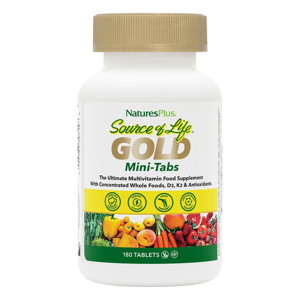 NaturesPlus Πηγή Ζωής Χρυσή Πολυβιταμίνη - 180 Mini-Tabs - με Βιταμίνες D3, B12 & K2 - Αίμα, Οστά & Ανοσολογική Υποστήριξη - Χορτοφαγικά & Χωρίς Γλουτένη - 30 Σερβιέτες