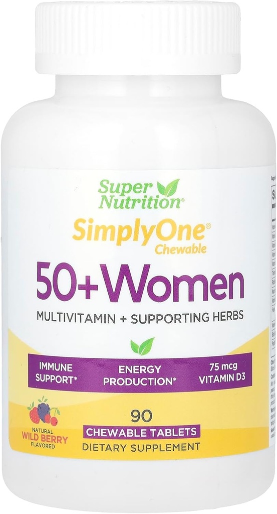 SuperNutrition Απλά Μία πολυ-βιταμίνη για γυναίκες 50+, Υψηλής ισχύος, Μασώμενα δισκία μιας ημέρας/ημέρας, Προμήθεια 90 ημερών, Άγριο μούρο, 90 (συσκευασία 1)