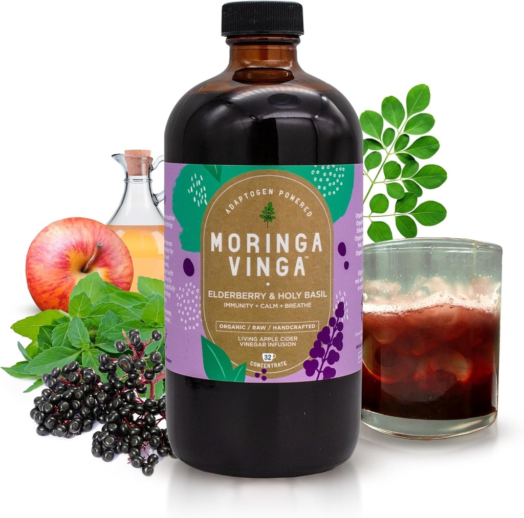 VINGA Organic Elderberry & Holy Basil Moringa Infusion – Daily Herbal Tonic with Apple Cider Vinegar, Ginger, Hibiscus, Honey | Supports Immune & Overall Wellness | Non-GMO, 16 oz