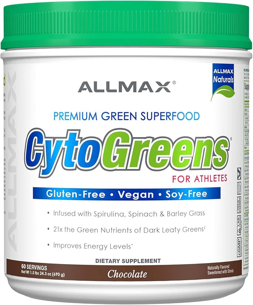 ALLMAX CYTOGREENS, Σοκολάτα - 1,5 lbs - Υποστηρίζει την απόδοση, την ανάκτηση & την ενέργεια - με Spirulina, Chlorella, Spinach, Barley Grass & Πράσινο Τσάι - 60 εξυπηρετούν