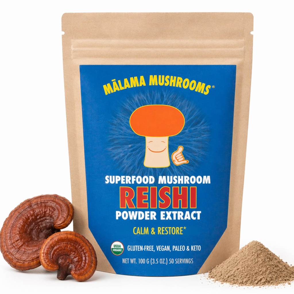 Malama Organic Reishi Mushroom Powder, εκχύλισμα σώματος καθαρής φρουτοποίησης, Adaptogenic Superfood για την ανοσοποιητική υποστήριξη και ευεξία, 100 υπηρεσίες