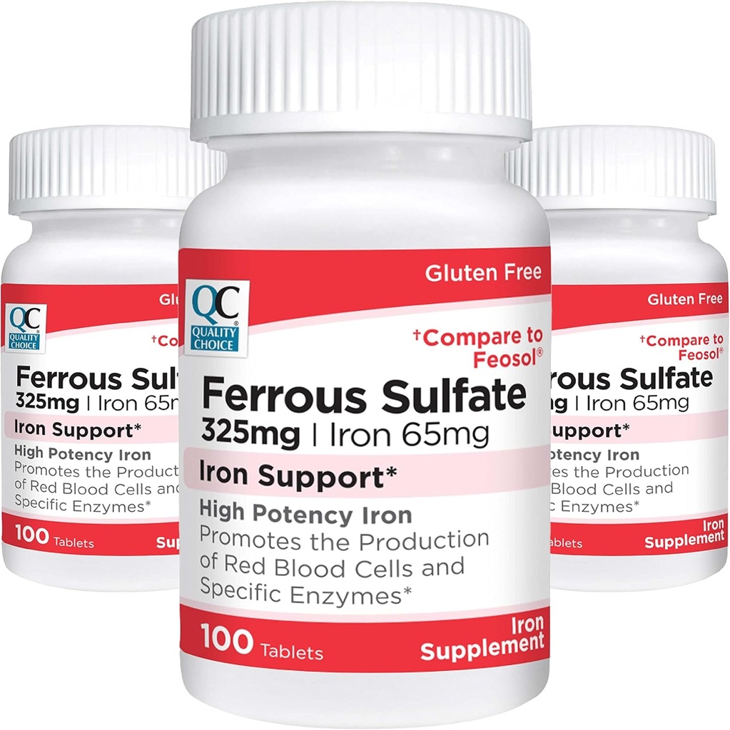 Quality Choice Iron 65 mg (325 mg Ferrous Sulfate) High Potency Iron Support Supplement Tablets in 100 Count Bottles (3 Pack)