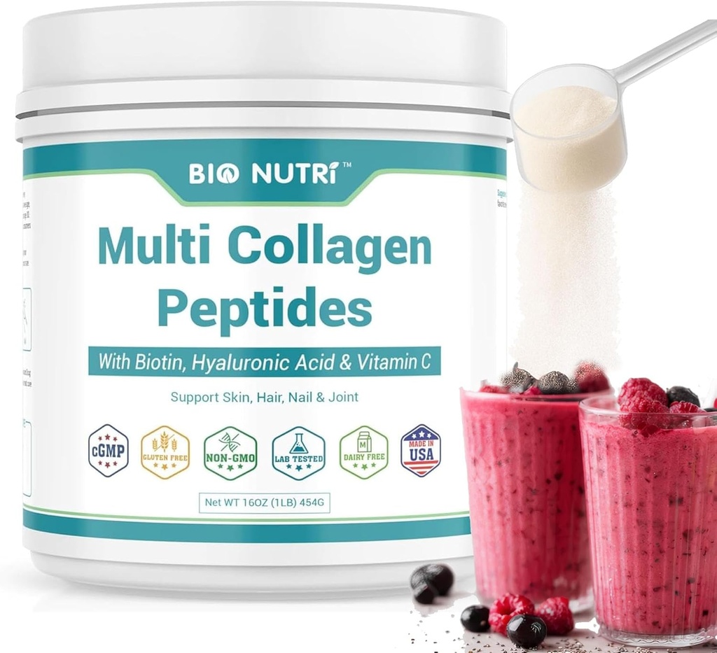 BIO NUTRI Collagen Peptides Peptides Powder Multi-Type (I, II, III, V, X) με Βιοτίνη & Υαλουρονικό οξύ για τα μαλλιά, το δέρμα, τα νύχια & τις αρθρώσεις, χωρίς γεύση, 16oz