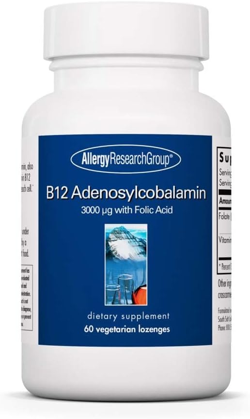 Ομάδα Έρευνας Αλλεργίας Β12 Adenosylcobalamin συμπλήρωμα - με Φολικό οξύ, βιταμίνη Β12 3000 mcg, Folate, καθαρό B12, Χορτοφαγικά Lozenges - 60 Count