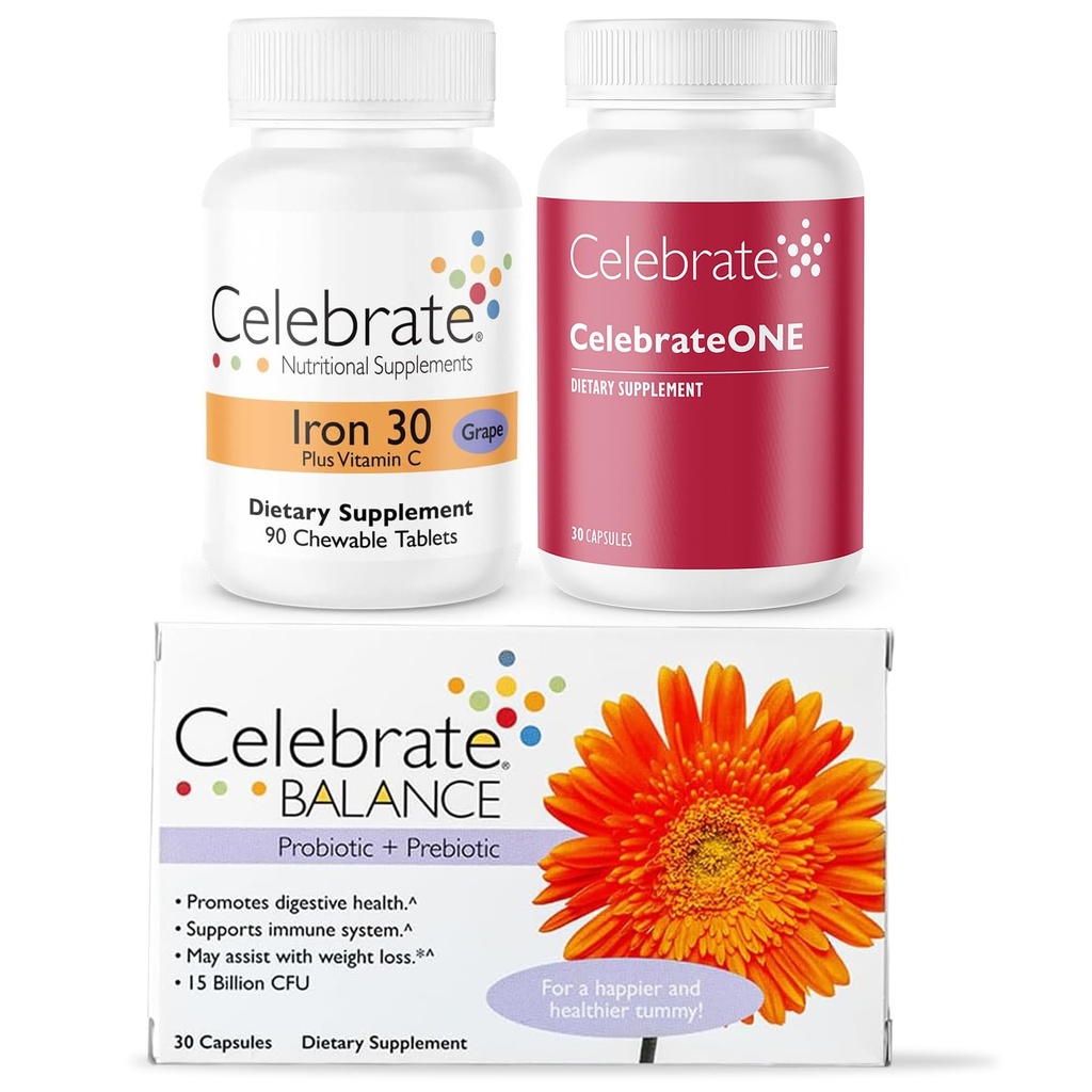 Γιορτάστε βιταμινές Μπαριατρική Bundle – Celebrateone Multivitamin, Σιδήρου με Βιταμίνη C Chewables, και Ισορροπία Προβιοτική + Prebiotic – Βασική Διατροφή & Digestive Υποστήριξη για την αποκατάσταση WLS