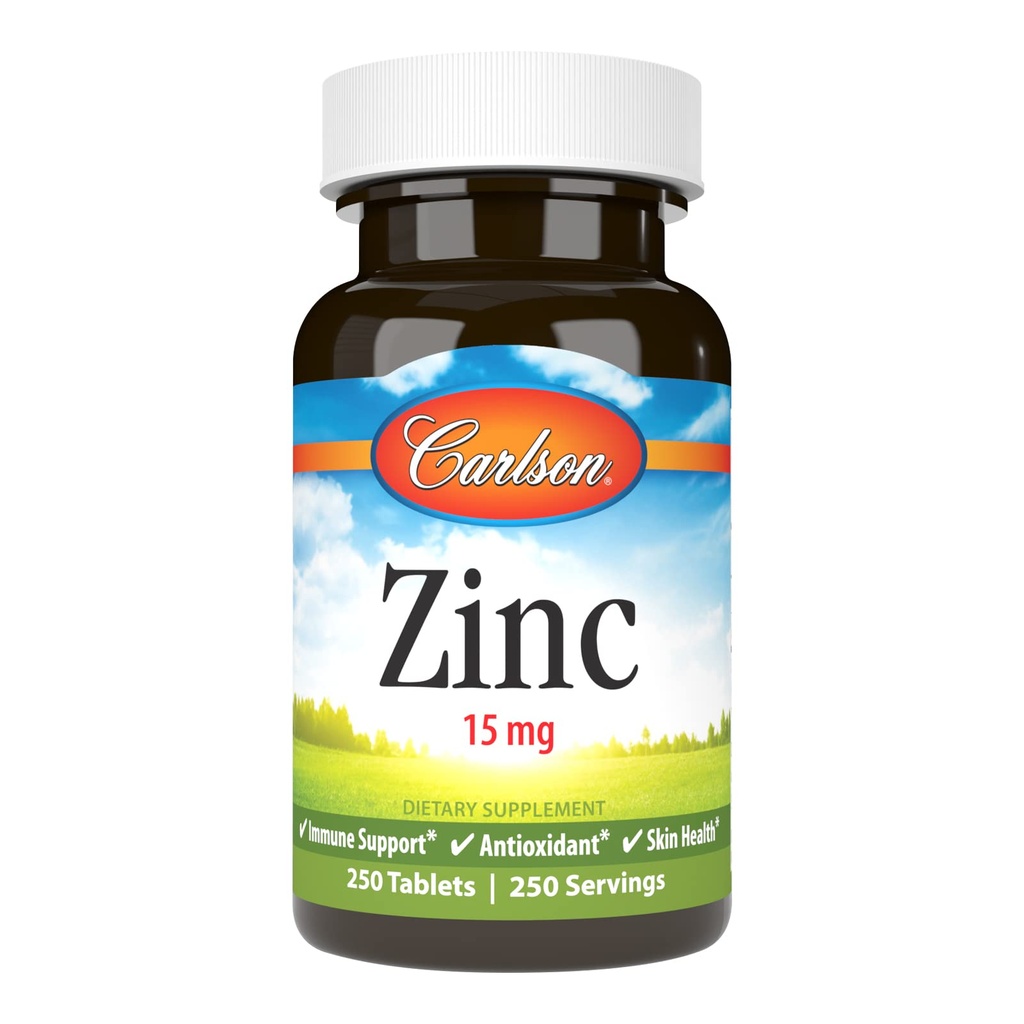 Carlson - Ψευδάργυρος, 15 mg, συμπλήρωμα ψευδαργύρου, γλυκωνικός ψευδάργυρος, ανοσοποιητική υποστήριξη & υγεία του δέρματος, δισκία ψευδαργύρου, αντιοξειδωτικό, κάψουλες ψευδαργύρου, 250 δισκία
