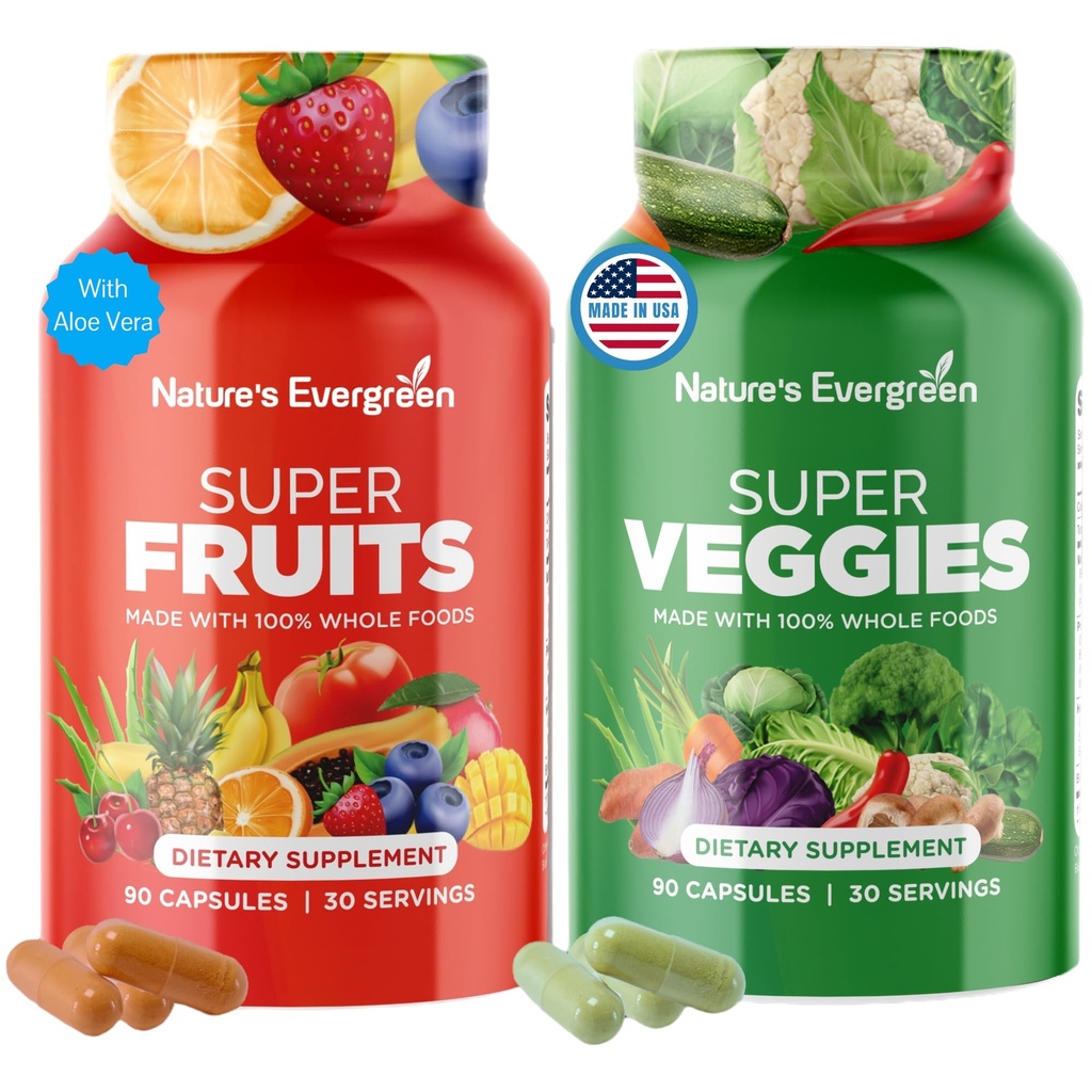 Fruits and Veggies Supplement - Nature Fruits and Vegetables Supplements - Vegan, Non GMO, Soy Free, Superfood Vitamins & Minerals Nutritional Balance - (Total 180 Capsules - Pack of 2) Made in USA