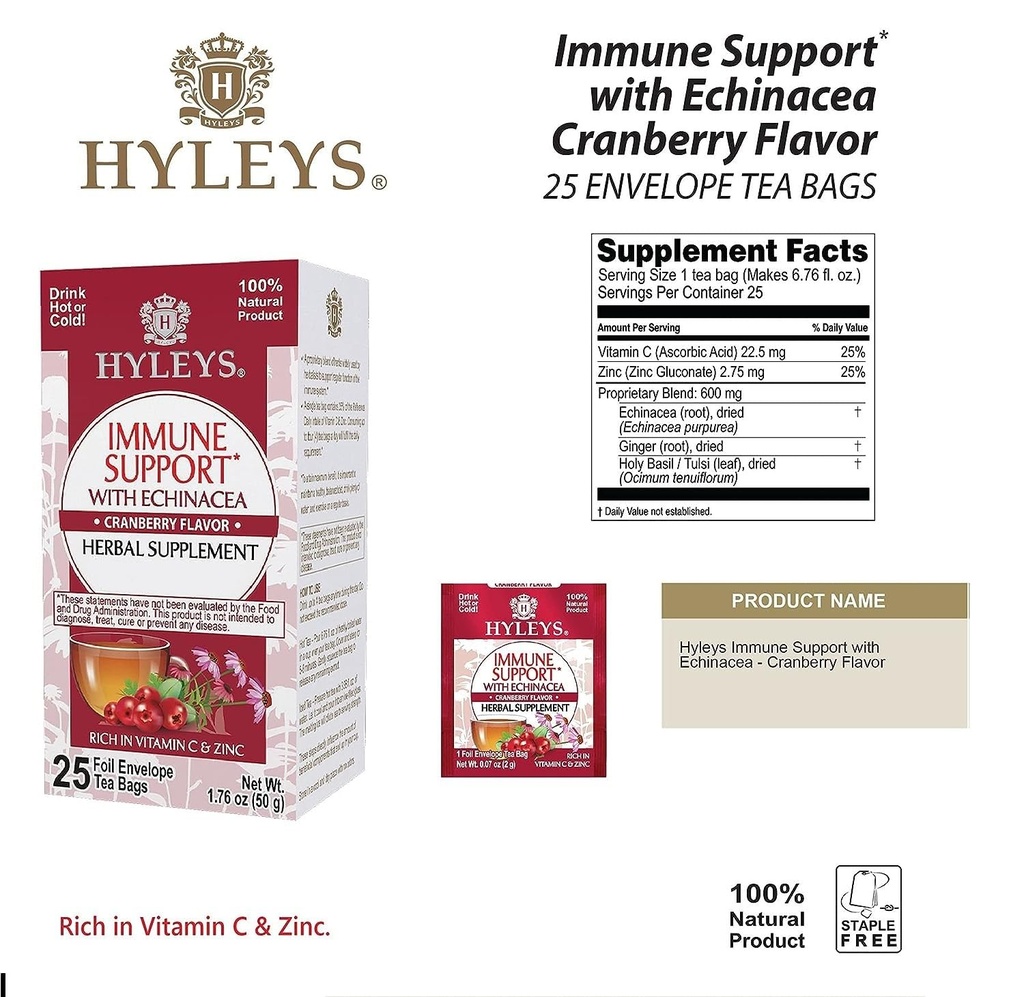 HYLEYS Immunity Tea with Echinacea Cranberry Flavor - 25 Tea Bags (1 Pack) - Support Your Immune System