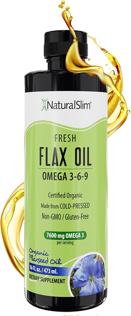NaturalSlim Flaxseed Oil Liquid Fresh Taste Flax Oil Organic Cold Pressed & High in Omega 3 6 9 Faty Acid Flax Seed Supplement for Healthy Cells, Hair, Skin, & Nails - Fresh Taste 16 fl. Oz.