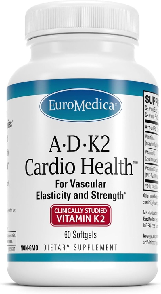 EuroMedica A•D•K2 Cardio Health - Cardio Health & Vascular Elasticity and Strength Support - Συμπλήρωμα Καρδιαγγειακής Υποστήριξης με Βιταμίνες Α & D3 - Βοηθά Αίμα Σκάφος Ελαστικότητα - 60 Softgels