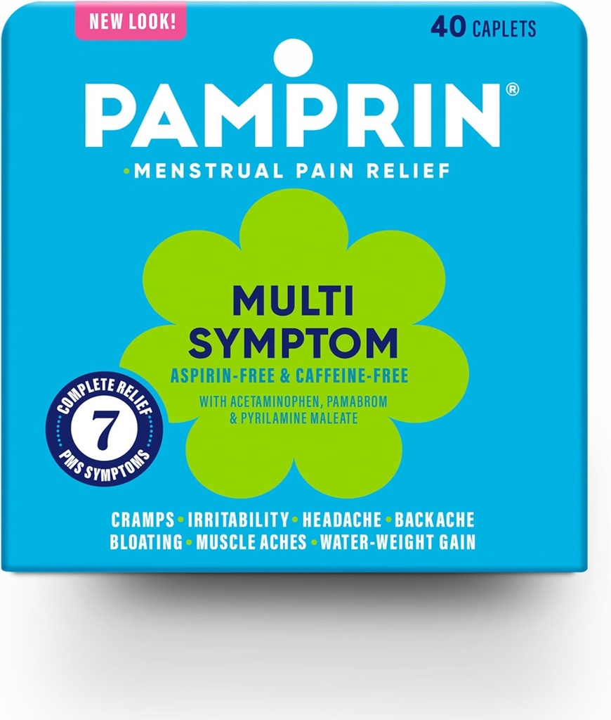 Pamprin Multi-Symptom Formula, with Acetaminophen, Menstrual Period Symptoms Relief including Cramps, Pain, Bloating, and Irritability 40 Caplets