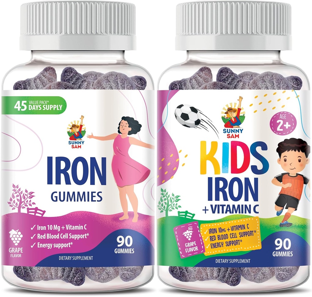 SUNNY SAM Iron Gummies for Kids & Adults - Σιδήρου Βιταμίνες με βιταμίνη C, 10mg per Serving - Σιδήρου Μασώμενα Φρούτα Gummy για Ανοσοποιητική Υποστήριξη Κόκκινη Παραγωγή Κυττάρων Αίματος