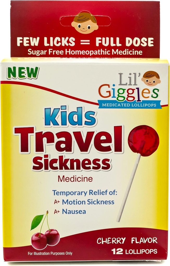 Lil' Giggles Kids Medicated Lollipops - Sweet Gentle Relief for Kids & Non-drowsy - for Car Sickness, Travel Nausea & Motion Sickness Relief - Homeopathic Remedy Children's Love - Cherry Flavor 12 CT