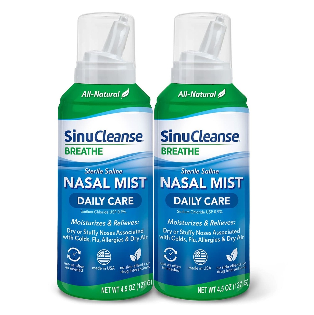 SinuCleanse Καθημερινή Φροντίδα Στείρα ορόφων Nasal Spray, Ultra Fine Mist, Στιγμιαία Ενυδατώνει & Ανακουφίζει Κάθε μέρα Ρινική Συμφόρηση Λόγω του Ψυχρού & Ξηρού Αέρα, 4.5 Oz (2 Pack), Made in USA