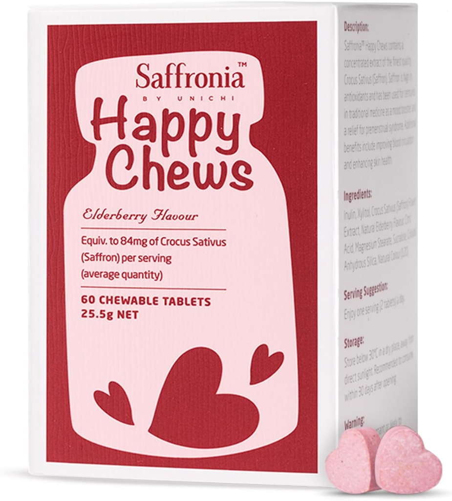 Unichi Saffronia Happy Chews, Saffron συμπλήρωμα για την υποστήριξη ισορροπίας Mood και τη μείωση του στρες, Γεύσεις Elderberry, 60 δισκία