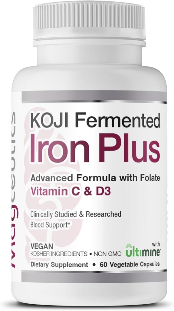 Koji Fermented Iron Plus - Συμπλήρωμα σιδήρου με βιταμίνη C, βιταμίνη D3 και φολικό για την υποστήριξη του αίματος, εύκολα απορροφημένο και βιοδιαθέσιμο, στομάχι φιλικό, Vegan, μη GMO - 60 κάψουλες
