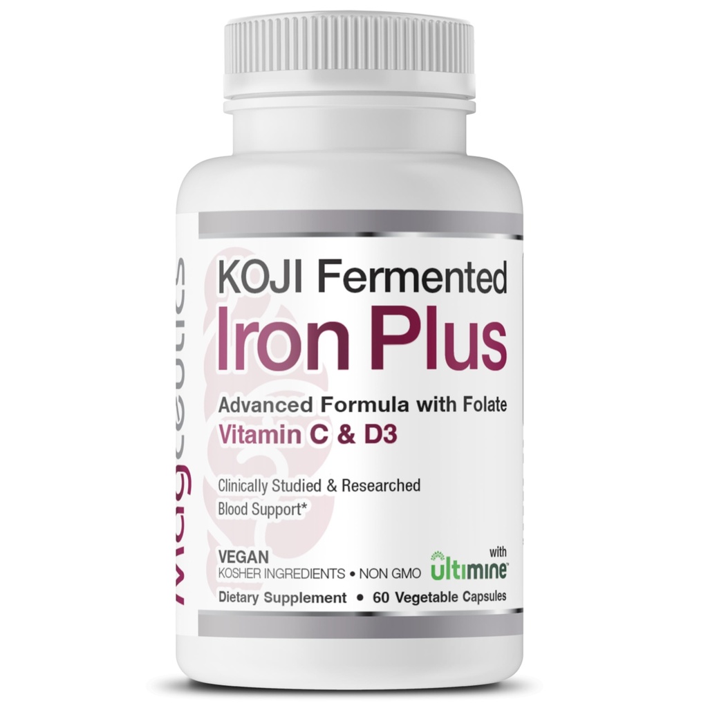 Koji Fermented Iron Plus - Συμπλήρωμα σιδήρου με βιταμίνη C, βιταμίνη D3 και φολικό για την υποστήριξη του αίματος, εύκολα απορροφημένο και βιοδιαθέσιμο, στομάχι φιλικό, Vegan, μη GMO - 60 κάψουλες