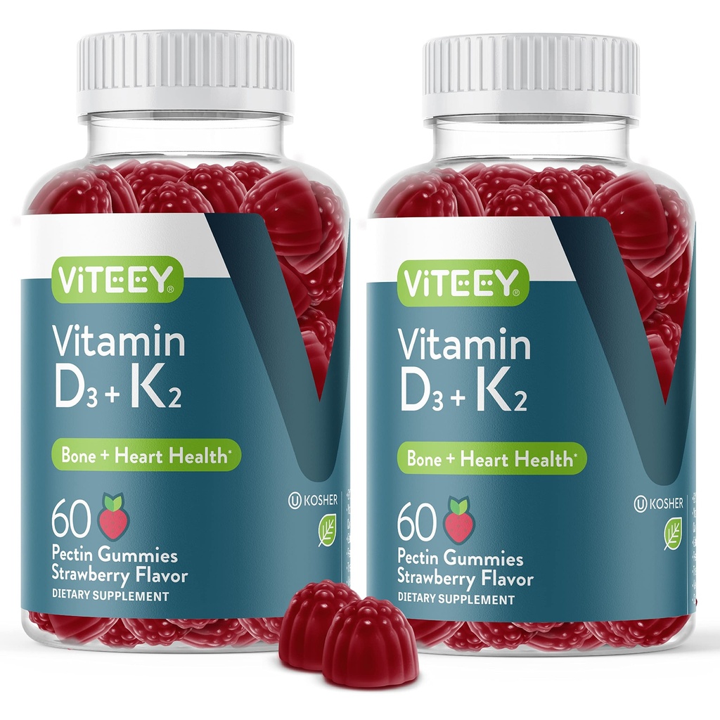 VITEEY Βιταμίνη D3 K2 Gummies - 1000 IU Βιταμίνη D3 και K2 100mcg - Υγεία των οστών και της καρδιάς για ενήλικες και εφήβους - Χορτοφαγικά, Χωρίς ζελατίνη, Χωρίς ΓΤΟ - Νόστιμο Μασώμενο D3K2 Βιταμίνες Φράουλα Γεύση Gummy