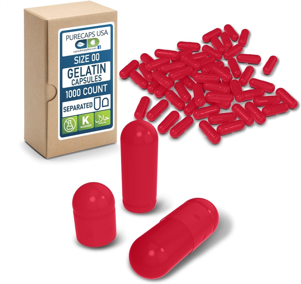 PureCaps USA - Empty Gelatin Capsules Size 00| 1,000 Separated Pills| Red| Non-GMO Certified | SLS, Gluten, Preservative Free