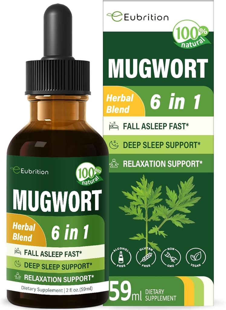 Mugwort Herb Liquid Drops for Sleep Support, Mugwort Leaves (Artemisia vulgaris) Όλα σε 1 Formula for Relaxation Support, Herbal Supplement with Valerian Chamomile Tulsi Lavender Extract.2oz