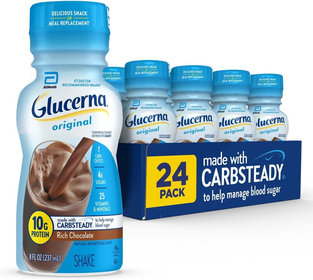 Glucerna Original Diabetes Care Shake, Πλούσια σοκολάτα, Diabetic Meal Αντικατάσταση για την υποστήριξη της διαχείρισης ζάχαρης αίματος, 10g πρωτεΐνη, 180 θερμίδες, Έτοιμος για ποτό, 8-fl-oz μπουκάλι, 24 Pack