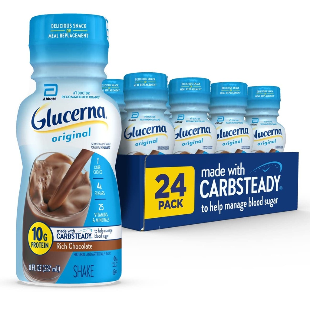 Glucerna Original Diabetes Care Shake, Πλούσια σοκολάτα, Diabetic Meal Αντικατάσταση για την υποστήριξη της διαχείρισης ζάχαρης αίματος, 10g πρωτεΐνη, 180 θερμίδες, Έτοιμος για ποτό, 8-fl-oz μπουκάλι, 24 Pack