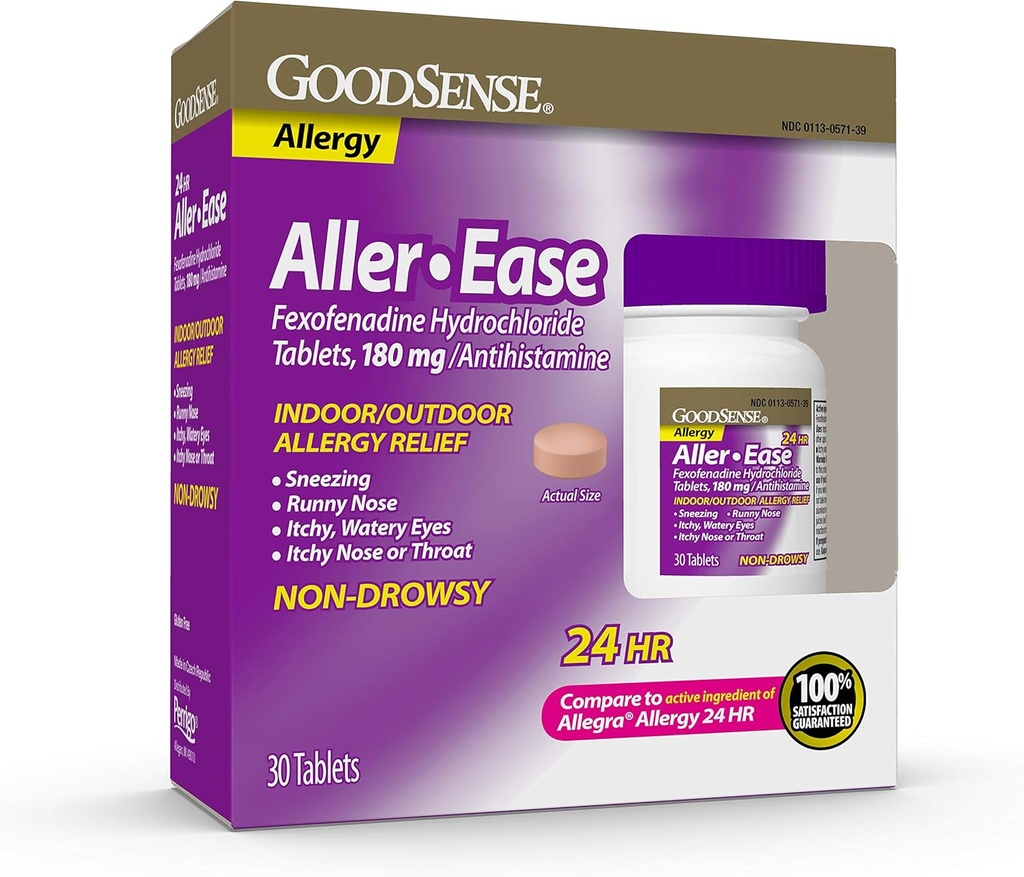 GoodSense Aller- Ease - Fexofenadine Hydrochloride 180 mg δισκία - 24ωρη Αλλεργία Ιατρική για Εσωτερική & Εξωτερική Ανακούφιση, 30 Count
