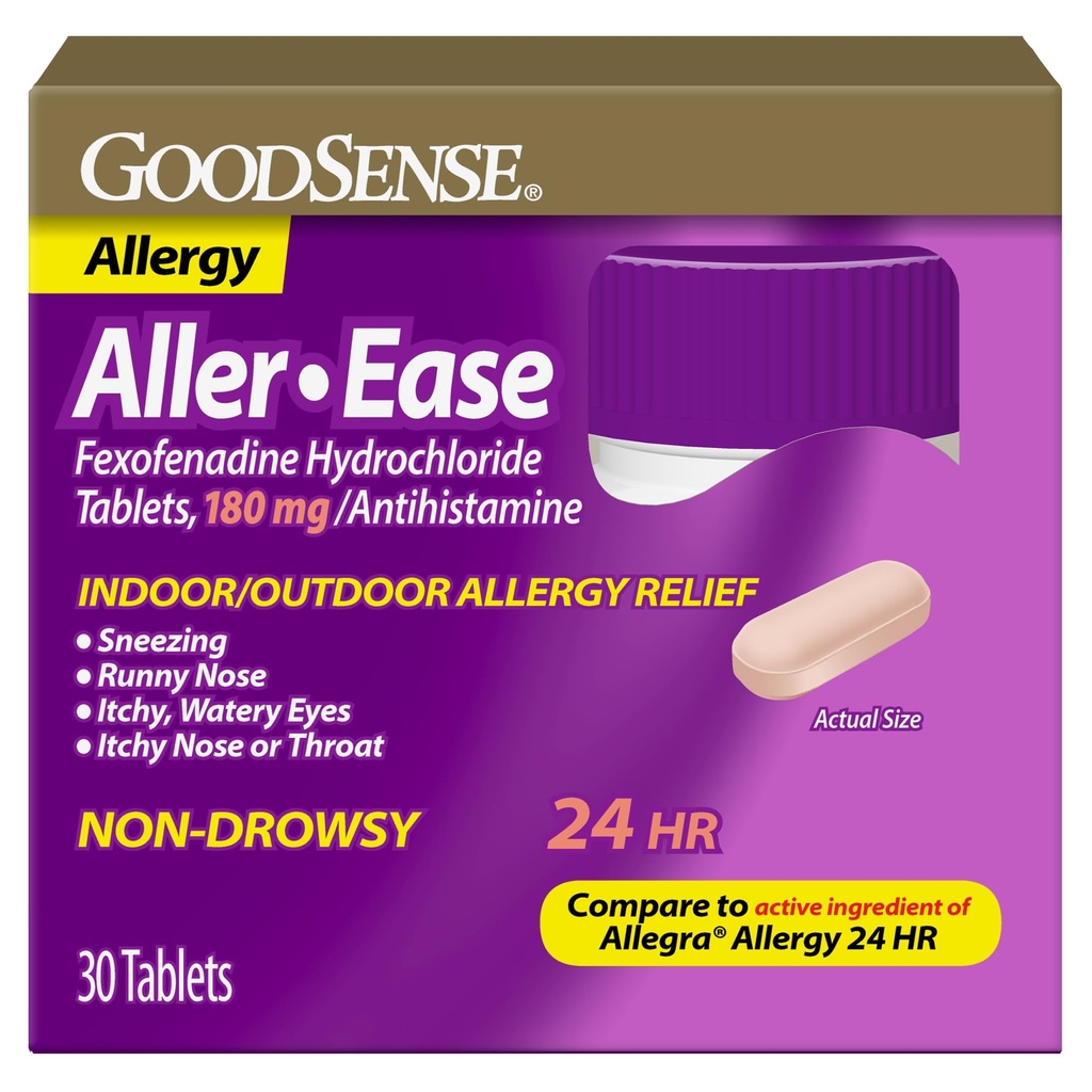 GoodSense Aller- Ease - Fexofenadine Hydrochloride 180 mg δισκία - 24ωρη Αλλεργία Ιατρική για Εσωτερική & Εξωτερική Ανακούφιση, 30 Count