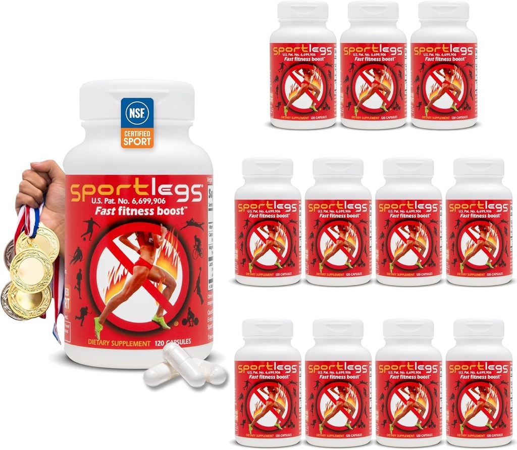 SPORTLEGS Fast Fitness Boost Προ προπόνηση για άνδρες και γυναίκες, συμπλήρωμα γαλακτικού οξέος, αθλητικά καύσιμα αντοχής, συμπληρώματα αντοχής για δρομείς - NSF Certified for Sport,120-Capsule μπουκάλι, πακέτο των 12