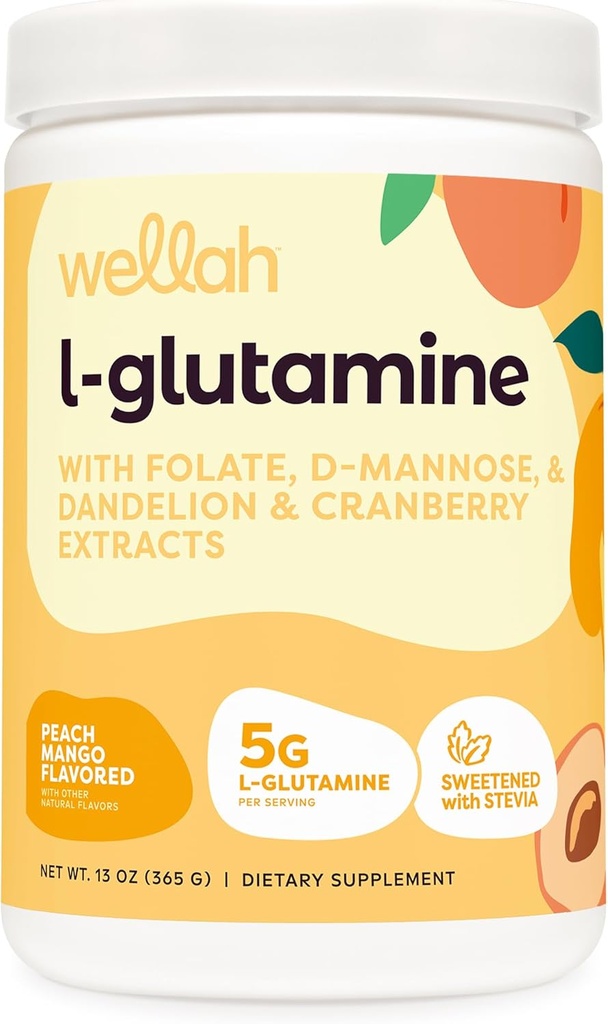 Wellah L-Glutamine Ροδάκινο Μάνγκο (50 Σερβίρει) - 5g L-Γλουταμίνη ανά υπηρεσία, Γλυκασμένο με Stevia