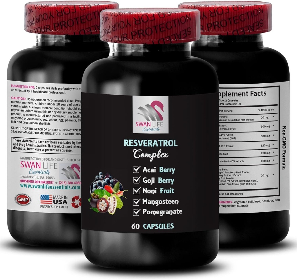 Nutrient Boost - RESVERATROL COMLEX - Οφέλη από μούρα, Ισχυρά Αντιοξειδωτικά, Goji Berry Υποστήριξη, Δύναμη από Γέραντα, Καθημερινή Υποστήριξη, Ενέργεια από Ρόδι, Ολόκληρα Τρόφιμα, Γεύση Ενέργεια 1 Φιάλη 60 Caps