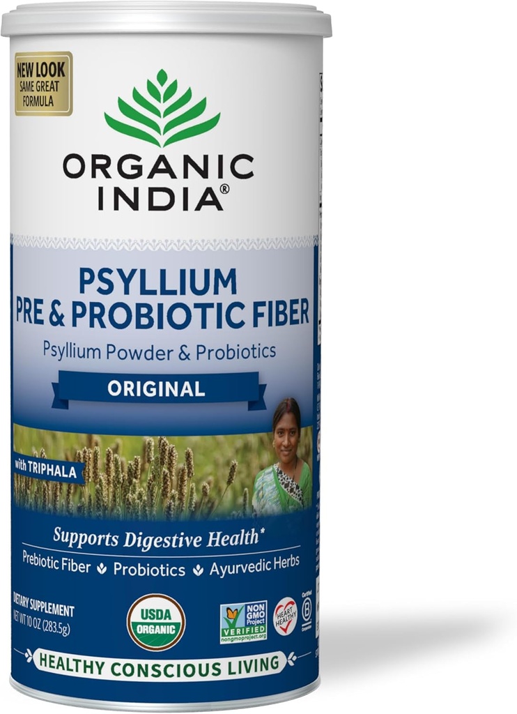 ORGANIC INDIA Psyllium Husk Powder - Pre & Probiotic Fiber Supplement, Organic Psyllium Husk Fiber Supplement, Whole Psyllium Husk Kowder Unflaved, Dietary Fiber, USDA Organic, Gluten Free - 10 Oz