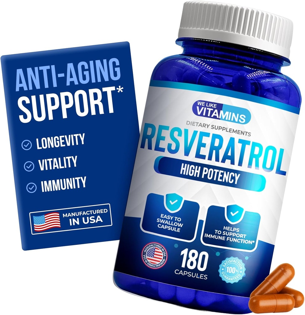 We Like Vitamins Resveratrol 1000mg per Serving - 180 Easy to Swallow Veggie Capsules - Natural Resveratrol Supplement 1000mg - Antioxidant Supplement Helps Support Anti-Aging and Immune System