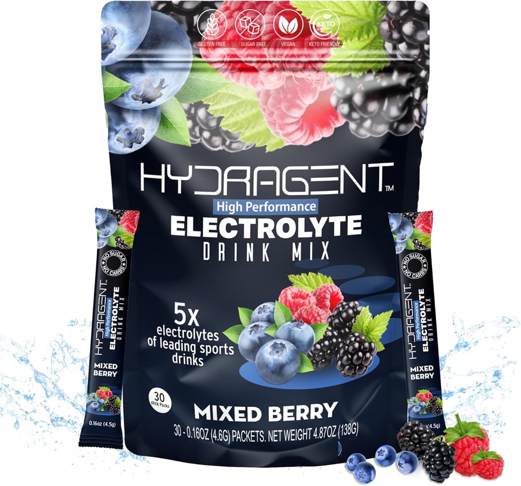 Electrolyte Replacement Stick Packs. Zero Sugar, High Performance Electrolytes. Over 1000mg Salts Plus Magnesium and Potassium. Key Minerals for Hydration. (Mixed Berry)
