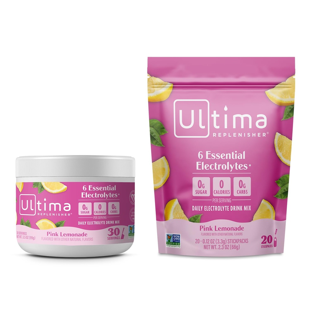 Ultima Replenisher Ηλεκτρόλυτο σε σκόνη Mix Bundle – Χωρίς ζάχαρη – Pink Λεμονάδα, 30 Σερβιρίσματος Canister και 20 Stickpacks – 6 Ηλεκτρολύτες και Ορυκτά – Κετό Φιλικό, Vegan, Μη ΓΤΟ